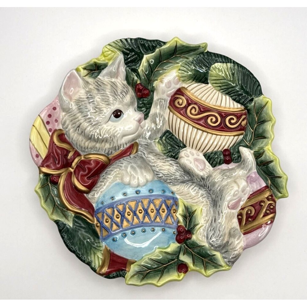 Fitz & Floyd Kristmas Kitty Christmas Cat Plate Essentials Holly Ornaments